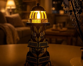 May include: A decorative wooden lighthouse lamp featuring a black and white striped pattern, multiple levels with railings, and small windows. The top section emits a warm, glowing yellow light from an internal source, illuminating the structure.