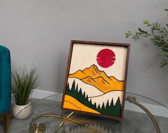 Mountain Sunset Layered Wood Wall Art – 3D Wooden Landscape – Rustic Cabin Wall Hanging Home Decor (11.8×9.8 in)