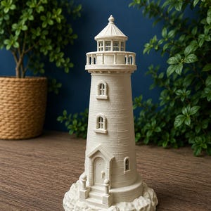 Op de afbeelding: Een crèmekleurig vuurtorenbeeldje met een conische toren, een lantaarnkamer, een galerij met balustrade, boogramen en een ingang met treden. De structuur staat op een voetstuk dat is getextureerd als een verzameling grillige rotsen.
