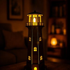 May include: A wooden lighthouse lamp featuring a tall, tapered structure with multiple arched windows and a top gallery. The interior is illuminated with a warm, glowing light that shines through the windows and the lantern room at the peak.