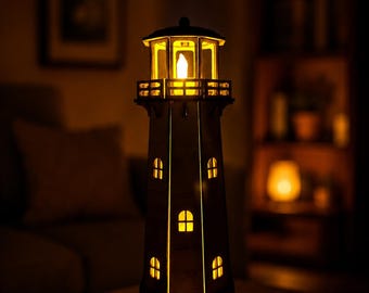 May include: A wooden lighthouse lamp featuring a tall, tapered structure with multiple arched windows and a top gallery. The interior is illuminated with a warm, glowing light that shines through the windows and the lantern room at the peak.