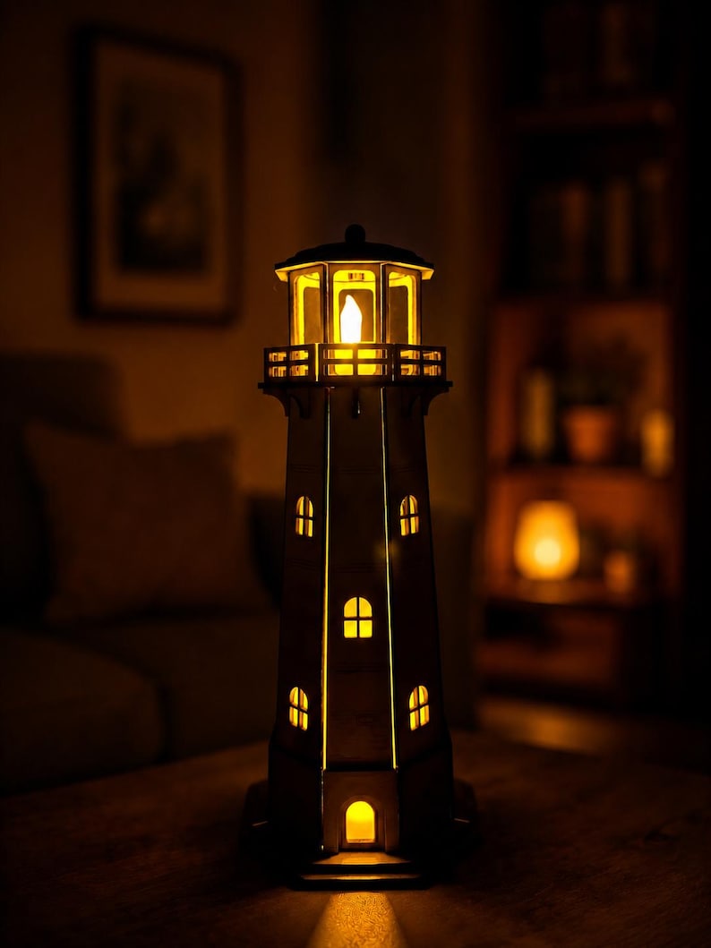 May include: A wooden lighthouse lamp featuring a tall, tapered structure with multiple arched windows and a top gallery. The interior is illuminated with a warm, glowing light that shines through the windows and the lantern room at the peak.