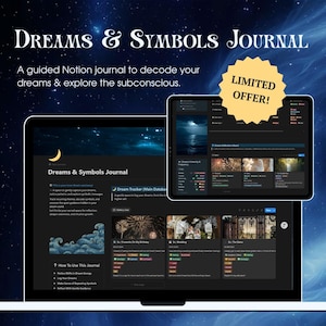 Könnte beinhalten: Ein digitales Journal auf einem Laptop und Tablet mit dem Titel "Dreams & Symbols Journal". Das Journal soll Träume entschlüsseln und das Unterbewusstsein erforschen. Das Bild enthält den Text "LIMITED OFFER!" in einem gelben Stern.
