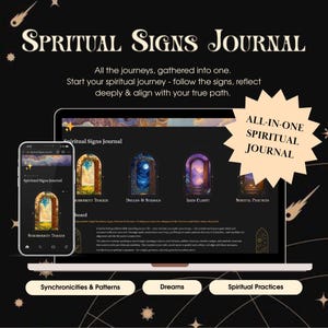 Può includere: Un laptop e uno smartphone mostrano un'interfaccia "Spiritual Signs Journal". Lo schermo mostra porte ad arco con sfondi celesti. Il testo include "Diario spirituale all-in-one" e richieste per "Sincronicità e schemi", "Sogni" e "Pratiche spirituali".