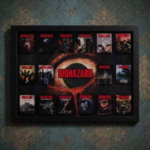 May include: A black rectangular frame containing a collection of seventeen small Biohazard game covers arranged around a central graphic of a large, bloodshot human eye. The word Biohazard is printed in bold red letters across the centre.