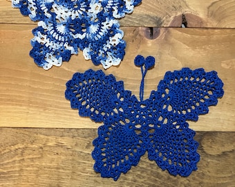 Set of  Royal blue and shades of blue colors butterflies coaster bookmark doilies crochet gifts idea ornament