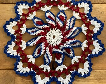 Red White Blue Crochet pinwheel doily patriotic handmade home decor table decor