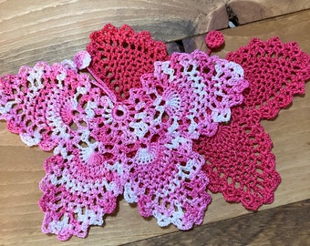 Set of  Hot Pink and shades of pink colors butterflies coaster bookmark doilies crochet gifts idea ornament