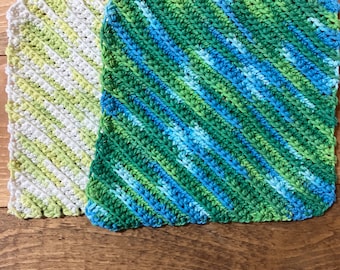 Textured crochet dishcloth dusting rag cleaning rag wash rag emerald ombré limeade ombré  colors  set of two handmade