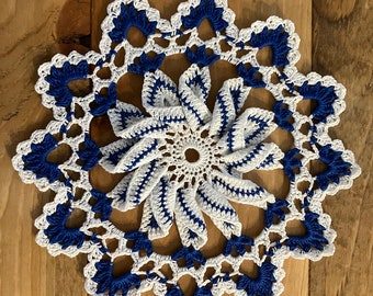 hand made crochet navy blue white pinwheel home decoration table top decoration