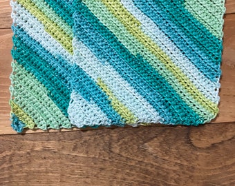 Soft Textured crochet dishcloth dusting rag cleaning rag wash rag green stripes set of two handmade