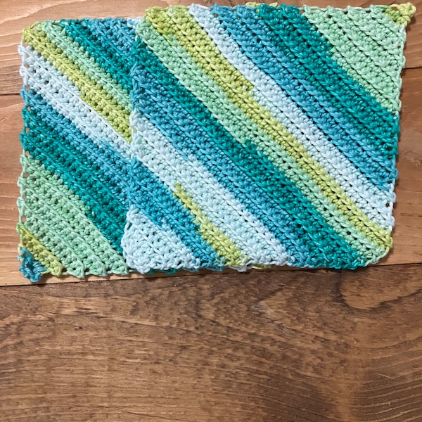 Soft Textured crochet dishcloth dusting rag cleaning rag wash rag green stripes set of two handmade