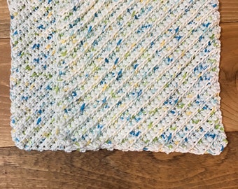 Textured crochet dishcloth dusting rag cleaning rag wash rag happy go lucky blues white greens yellow ombré  set of two handmade