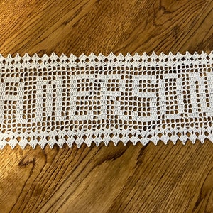 Sale Ends soon Heirloom Lace Personalize Custom Filet Crochet Name Doily Natural White handmade anniversary home decoration wedding gift image 1