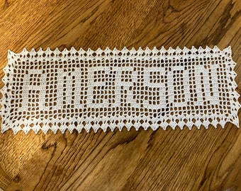 Sale Ends soon Heirloom Lace Personalize Custom Filet Crochet Name Doily Natural White handmade anniversary home decoration wedding gift