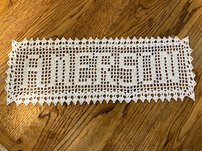 Sale Ends soon Heirloom Lace Personalize Custom Filet Crochet Name Doily Natural White handmade anniversary home decoration wedding gift image 1