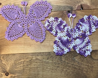 Set of  Wood Violet and shades of purples colors butterflies coaster bookmark doilies crochet gifts idea ornament