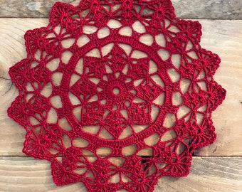 Victory Red color shells berka doily doilies handmade crochet 8 inches round