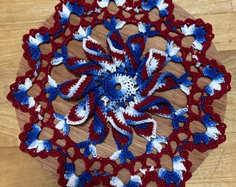 Shades of  Blues cardinal red Crochet pinwheel doily patriotic handmade home decor table decor