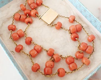 ANTIQUE Coral Strand Bracelet ~ 9ct Gold ~ 7 3/4"