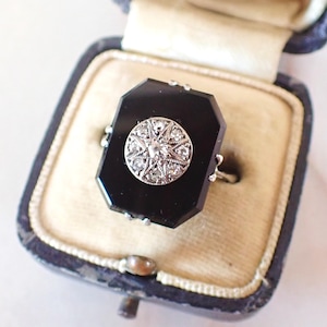 ART DECO Onyx & Diamond Ring | Platinum | Size Uk N  US 6 3/4