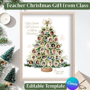 Könnte beinhalten: Ein gerahmter Weihnachtsdruck mit einem Aquarell-Weihnachtsbaum-Design. Der Baum ist mit kreisförmigen Fotorahmen geschmückt, die jeweils ein Kinderfoto enthalten. Der Text oben lautet "Teacher Christmas Gift from Class". Der Druck enthält den Text "Mrs. Smith, We wish you a Merry Christmas!"