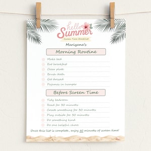 Summer Screen Time Checklist | Before Screen Time Chart for Kids | Daily Responsibility Checklist | Editable Kids Routine Printable