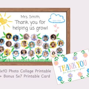 May include: A framed photo collage with a wooden frame, featuring a teacher appreciation theme. The artwork includes a yellow sun, blue cloud, and flowers with student photos. Text reads "Mrs. Smith, Thank you for helping us grow!" and "2024-2025".