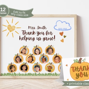 Puede incluir: Una impresión enmarcada con un marco de madera clara. La impresión presenta un diseño de agradecimiento al profesorado con marcos en forma de calabaza para fotos de estudiantes. El texto incluye "¡Gracias por ayudarnos a crecer!" y "2025-2026". Se incluye una tarjeta a juego.