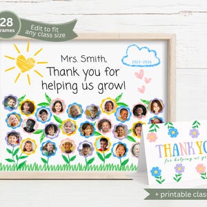 Puede incluir: Una impresión enmarcada con un tema de agradecimiento al profesorado. La obra de arte presenta un sol, flores con fotos de estudiantes y el mensaje "¡Gracias por ayudarnos a crecer!" Se incluye una tarjeta de clase a juego.