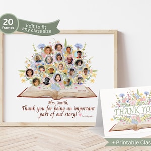 May include: A framed class photo print with student portraits arranged above an open book with floral accents. The text reads "Mrs. Smith, Thank you for being an important part of our story!" A matching card is also included.