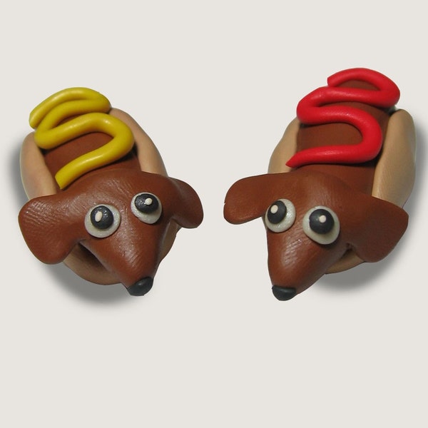 Mustard & Ketchup Hot Dog Dachshund Sculpture Figures