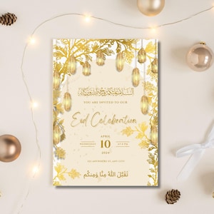 Op de afbeelding: Uitnodigingskaart voor een Eid-viering. De kaart heeft gouden bloemen- en lantaarnontwerpen met tekst in het Engels en Arabisch. De datum is 10 april 2024 om 18.00 uur. De kaart is omgeven door decoratieve ornamenten.
