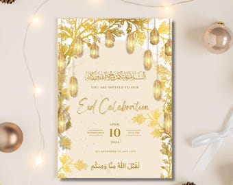 Puede incluir: Tarjeta de invitación para una celebración de Eid. Presenta diseños florales y de linternas doradas, con texto en inglés y árabe. La fecha es el 10 de abril de 2024 a las 18:00. La tarjeta está rodeada de adornos.