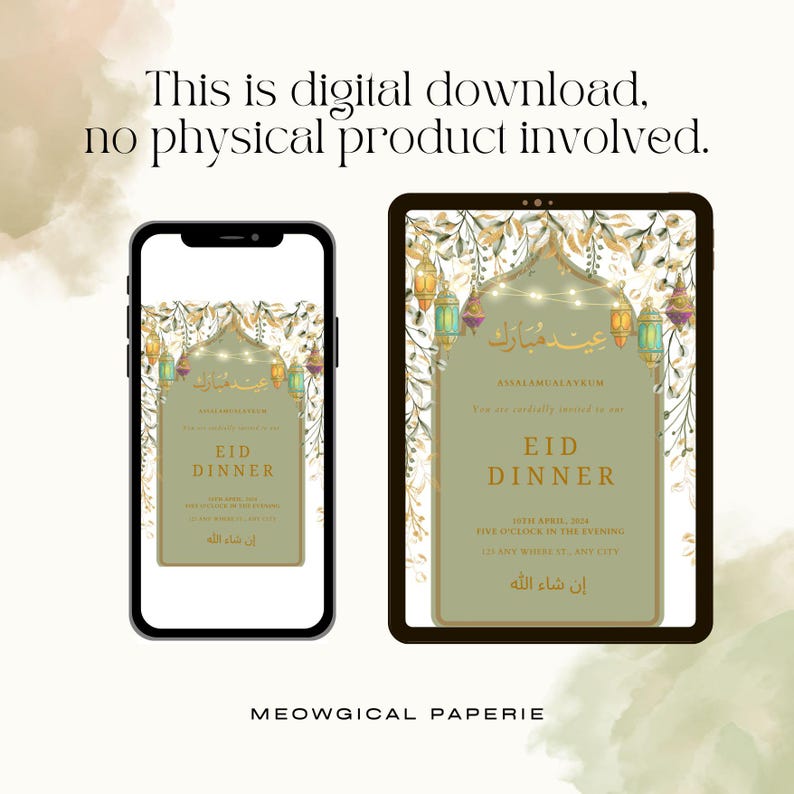 Op de afbeelding: Digitale Eid Dinner-uitnodiging weergegeven op een smartphone en tablet. Het ontwerp bevat een gouden boog, lantaarns en bloemelementen. Tekst bevat "Eid Dinner" en Arabisch schrift. De afbeelding zegt "This is digital download, no physical product involved."