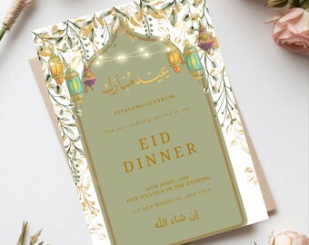Invitación de Eid con flores verdes y linternas / Plantilla de Canva para Eid (descarga digital)