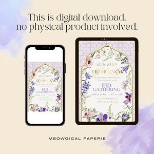Puede incluir: Invitaci&oacute;n digital para Eid Mubarak, mostrada en un smartphone y una tableta. El dise&ntilde;o presenta elementos florales y el texto "Eid Gathering" con detalles del evento. El fondo es de color p&uacute;rpura suave.