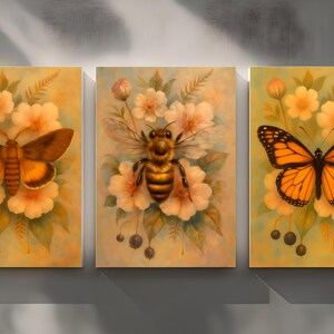 Vintage Bee Poster, Butterfly Print, Moth Wall Art, Insect Poster, Nature Decor, Vintage Poster, Wall Decor, set of 3