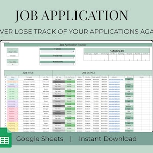 Puede incluir: Un rastreador digital de solicitudes de empleo con el texto "JOB APPLICATION" en la parte superior. La hoja de cálculo incluye secciones para el puesto de trabajo, la empresa y el estado de la solicitud. La parte inferior de la imagen dice "Google Sheets | Instant Download".