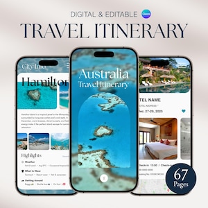 Pode incluir: Itinerário de viagem digital e editável exibido em três smartphones. As telas mostram informações de viagem para a Austrália e Hamilton Island, com imagens de águas turquesas e acomodações de hotéis. O texto inclui "Itinerário de viagem" e "67 páginas."
