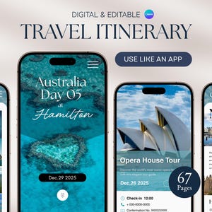 以下が含まれることがあります： スマートフォンに表示されるデジタル旅行日程テンプレート。画面には、オーストラリアやメルボルンなどの旅行先が日付や詳細とともに表示されています。「TRAVEL ITINERARY」と「USE LIKE AN APP」の文字が含まれています。