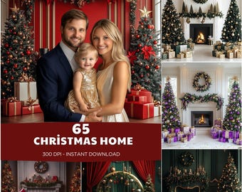 May include: A collage of Christmas-themed images. The central image features a family of three in front of a red backdrop with Christmas trees and wrapped gifts. The text "65 CHRISTMAS HOME" is displayed. Other images show decorated Christmas trees, fireplaces, and wreaths.