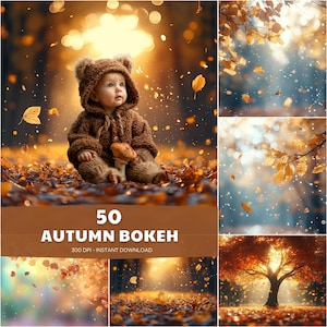 May include: A baby wearing a brown bear costume sits in a forest of autumn leaves. The image is a composite of several autumn-themed images, including bokeh effects and a large tree. Text on the image reads "50 AUTUMN BOKEH".
