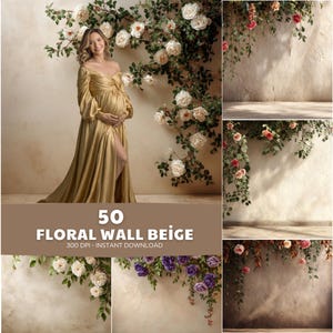 Peut inclure: Une femme en robe dorée pose devant un mur beige orné de roses blanches. L'image comprend plusieurs toiles de fond murales florales avec des roses et d'autres fleurs. Le texte sur l'image indique "50 Floral Wall Beige 300 DPI - Instant Download."