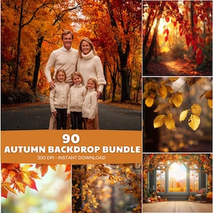 May include: A family of five stands on a road surrounded by trees with vibrant orange and red leaves. The image is part of an "Autumn Backdrop Bundle" with the number "90" and the text "300 DPI - INSTANT DOWNLOAD".