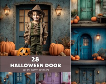 May include: A collage of images featuring Halloween-themed doors and pumpkins. One image shows a child in costume holding a jack-o'-lantern. The text "28 HALLOWEEN DOOR" is displayed.