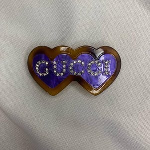 Vintage Authentic Gucci Hair Clip Brown Purple Hearts  With Stones Logo