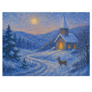Midnight Chapel – Peaceful Snowy Night Jigsaw Puzzle (500 / 1000 / 2000 Pieces)