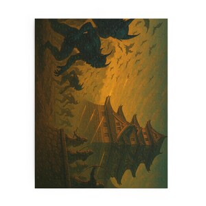 Samurai & Demon Battle Puzzle –  Enchanting 120, 252, 500-Piece jigsaw, Dark Fantasy Japan Theme,  Japanese Castle