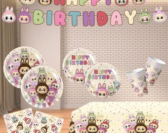 Labubu Birthday Party Decor - Labubu Banner, Balloons, Cake & Cupcake Toppers | Labubu Birthday Invitation Cards | Cute Kids Party Supplies